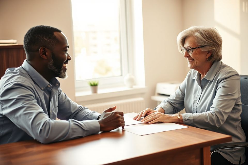 A tax preparer meeting with two clients across a desk (illustrative photo)