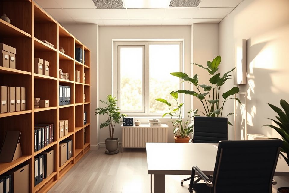 A small tax office with neatly labeled file folders on shelves (illustrative photo)
