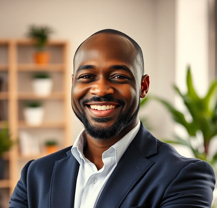 A smiling tax preparer in a suit, arms crossed, in a bright office (illustrative photo)